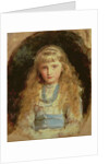 Portrait of Beatrice Caird wearing a white dress with a blue sash by John Everett Millais