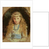 Portrait of Beatrice Caird wearing a white dress with a blue sash by John Everett Millais