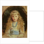 Portrait of Beatrice Caird wearing a white dress with a blue sash by John Everett Millais
