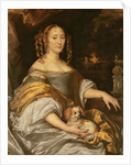 Portrait of a young lady in blue dress with lapdog by Abraham Lamberts Jacobsz van den Tempel