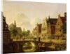 Dutch town scene with canal, figures and a church by Jan Hendrik Verheyen