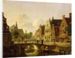 Dutch town scene with canal, figures and a church by Jan Hendrik Verheyen