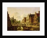 Dutch town scene with canal, figures and a church by Jan Hendrik Verheyen