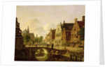 Dutch town scene with canal, figures and a church by Jan Hendrik Verheyen