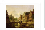 Dutch town scene with canal, figures and a church by Jan Hendrik Verheyen