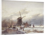 A Frozen River Landscape with a Windmill by Andreas Schelfhout