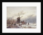 A Frozen River Landscape with a Windmill by Andreas Schelfhout