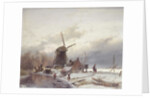 A Frozen River Landscape with a Windmill by Andreas Schelfhout