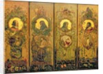 A four leaf screen with portraits of Shakespeare, Milton, Chaucer and Spenser by William Bell Scott