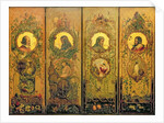 A four leaf screen with portraits of Shakespeare, Milton, Chaucer and Spenser by William Bell Scott