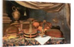 A guitar, a cello, lutes, a musical score and other books and an armillary globe on a draped table by Evaristo Baschenis