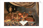 A guitar, a cello, lutes, a musical score and other books and an armillary globe on a draped table by Evaristo Baschenis