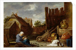 A cat tended by an old woman by David the Younger Teniers