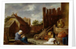 A cat tended by an old woman by David the Younger Teniers