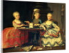 Group portrait of a boy and two girls building a house of cards with other games by the table by Francois-Hubert Drouais