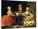 Group portrait of a boy and two girls building a house of cards with other games by the table by Francois-Hubert Drouais