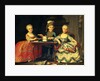 Group portrait of a boy and two girls building a house of cards with other games by the table by Francois-Hubert Drouais