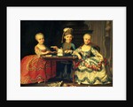 Group portrait of a boy and two girls building a house of cards with other games by the table by Francois-Hubert Drouais