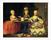 Group portrait of a boy and two girls building a house of cards with other games by the table by Francois-Hubert Drouais