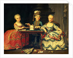 Group portrait of a boy and two girls building a house of cards with other games by the table by Francois-Hubert Drouais