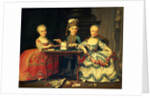 Group portrait of a boy and two girls building a house of cards with other games by the table by Francois-Hubert Drouais