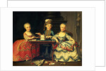 Group portrait of a boy and two girls building a house of cards with other games by the table by Francois-Hubert Drouais