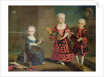 A group portrait of a girl with a marmoset in a Box, a girl with a triangle sitting on a magic lantern and a boy with a hurdy-gurdy by Francois-Hubert Drouais