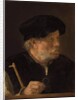 A man, bust-length, holding a cane and his spectacles, by a wooden ledge by Karel van der Pluym