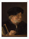 A man, bust-length, holding a cane and his spectacles, by a wooden ledge by Karel van der Pluym
