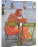 Girl in a red dress reading by a swimming pool, 1936 by John Lavery