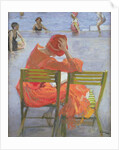 Girl in a red dress reading by a swimming pool, 1936 by John Lavery