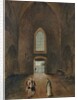Hubert Robert and an amateur visit a grave in a church by Hubert Robert