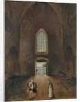 Hubert Robert and an amateur visit a grave in a church by Hubert Robert