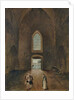 Hubert Robert and an amateur visit a grave in a church by Hubert Robert