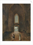 Hubert Robert and an amateur visit a grave in a church by Hubert Robert