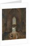 Hubert Robert and an amateur visit a grave in a church by Hubert Robert