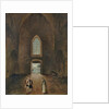 Hubert Robert and an amateur visit a grave in a church by Hubert Robert