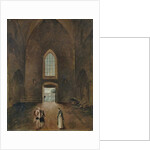 Hubert Robert and an amateur visit a grave in a church by Hubert Robert