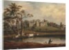 A view of Hornby Castle, Yorkshire, with an angler and cattle on the banks of the river Wenning by J. Miller
