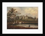 A view of Hornby Castle, Yorkshire, with an angler and cattle on the banks of the river Wenning by J. Miller
