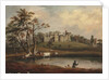 A view of Hornby Castle, Yorkshire, with an angler and cattle on the banks of the river Wenning by J. Miller