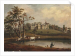 A view of Hornby Castle, Yorkshire, with an angler and cattle on the banks of the river Wenning by J. Miller