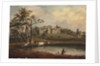 A view of Hornby Castle, Yorkshire, with an angler and cattle on the banks of the river Wenning by J. Miller