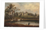 A view of Hornby Castle, Yorkshire, with an angler and cattle on the banks of the river Wenning by J. Miller