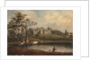 A view of Hornby Castle, Yorkshire, with an angler and cattle on the banks of the river Wenning by J. Miller