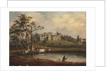 A view of Hornby Castle, Yorkshire, with an angler and cattle on the banks of the river Wenning by J. Miller
