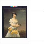 Portrait of Amélie-Justine Laidin de la Bouterie, nee Pontois, holding a hat filled with flowers by Adele Romany