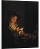 A candlelit interior with a young man seated at a table, lighting his pipe by Arnold Boonen