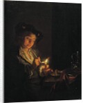 A candlelit interior with a young man seated at a table, lighting his pipe by Arnold Boonen