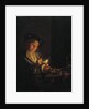 A candlelit interior with a young man seated at a table, lighting his pipe by Arnold Boonen